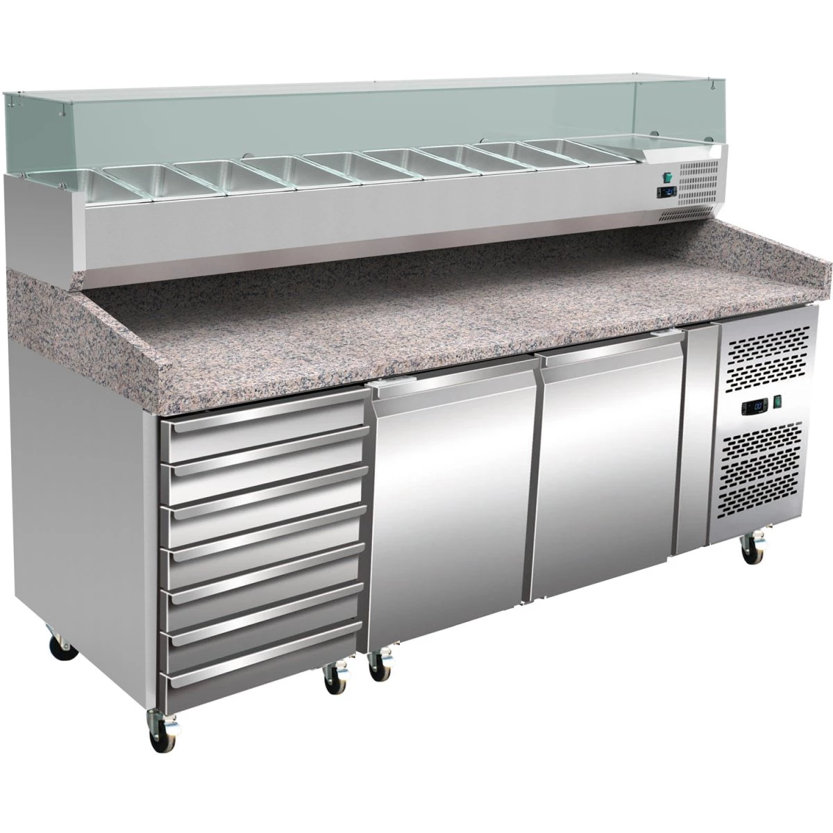 Pizza Prep Counter 2 Doors 7 Drawers Granite Top Refrigerated Counter Top Display 10xGN1/4 Depth 800mm | Adexa PZ46+PT46 1 Pizza Prep Counter 2 Doors 7 Drawers Granite Top Refrigerated Counter Top Display 10xGN1/4 Depth 800mm | Adexa PZ46+PT46