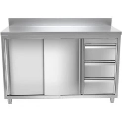 Commercial Worktop Floor Cupboard 3 Drawers Right 2 Sliding Doors Stainless Steel Width 1600mm Depth 600mm Upstand | Adexa VTC166R3B