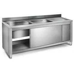 Commercial Sink With Cupboard Stainless Steel 2 Bowls Left Splashback Width 1400mm Depth 600mm | Adexa THSSR146BL2