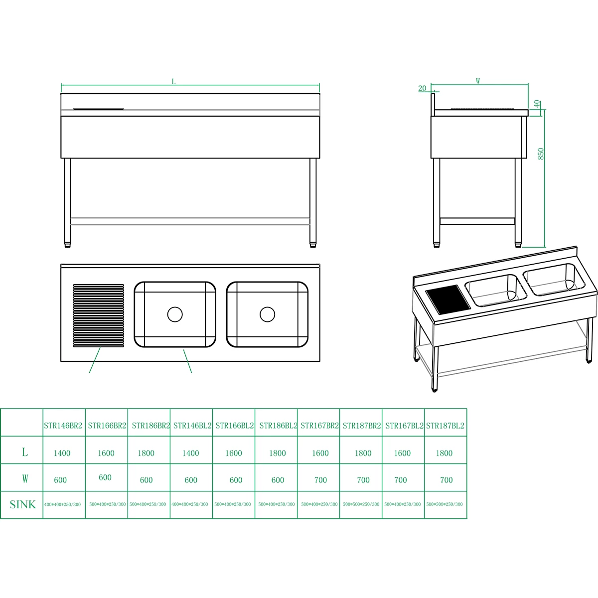 Commercial Sink With Cupboard Stainless Steel 2 Bowls Left Splashback Width 1800mm Depth 600mm | Adexa THSSR186BL2 2 Commercial Sink With Cupboard Stainless Steel 2 Bowls Left Splashback Width 1800mm Depth 600mm | Adexa THSSR186BL2 - Image 2